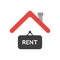 Vector icon concept of rent hanging sign under house roof