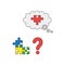 Vector icon concept of three parts connected puzzle, question mark and missing puzzle piece. Colored and black outlines