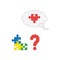 Vector icon concept of three parts connected puzzle, question mark and missing puzzle piece. Colored and color outlines