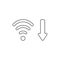 Vector icon concept of wifi wireless with arrow moving down symbolizing bad, slow internet connection. Black outline