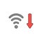 Vector icon concept of wifi wireless with arrow moving down symbolizing bad, slow internet connection. Black outlines and colored