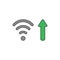 Vector icon concept of wifi wireless symbol with arrow moving up symbolizing high-speed internet connection. Black outlines and