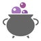 Vector icon of dark gray magic Halloween cauldron with purple bubbles