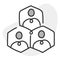 A vector icon featuring three individuals enclosed within three hexagons, symbolizing connectedness, teamwork, community, or