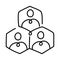 A vector icon featuring three individuals enclosed within three hexagons, symbolizing connectedness, teamwork, community, or