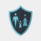 Vector icon made of shield and illustration of a family on it. It represents identity security and data protection for families