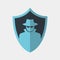 Vector icon made of shield and illustration of a spy in hat and glasses on it. It represents data protection and privacy in an