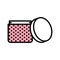 Vector icon round cream box with black stroke, pink and white fill and circles texture for design