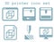 vector icon set of 3d printing technology, flat blue isolated icons: display, window, blueprint, device on white background
