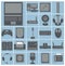 vector icon set of computer gadgets and devices 22 squares collection, light blue background