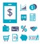 Vector icon set for creating infographics about finances, banking, shopping and saving, including mobile payment, credit card, dea