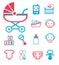 Vector icon set for creating infographics related to childbirth and newborn babies like baby phone, stroller, bottle, face, crib o