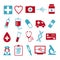 Vector icon set for creating infographics related to medicine and health, like pill, syringe, nurse, ambulance, vial or stethosco