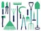 Vector icon set with different gardening tools icons like shovel, ax, rake, scythe or dung fork