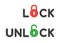 Vector icon set of lock and unlock texts with closed and opened padlocks