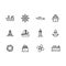 Vector icon set sea ship, sailing boat, steering wheel, yacht, sail, lighthouse and propeller. Outline vector icon water