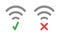 Vector icon set of wireless wifi symbols with check mark and x mark