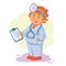 Vector icon of small child doctor in a medical suit with a stethoscope.