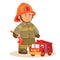 Vector icon of small child firefighter and his machine