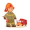 Vector icon of small child firefighter and his machine on a string