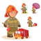 Vector icon of small child firefighter and his machine on a string