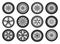 Vector icons of car tires, light alloy wheel rims