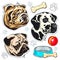 Vector icons colored dog, bulldog, pug, Dalmatian and a bowl of bone