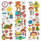 Vector icons and elements. Kindergarten, toys. Little children play, learn, grow together.