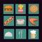 Vector icons of meal, drinks, fast food on turquoise