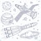 Vector icons satellite, space rocket and planets
