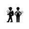 Vector icons of school boys first graders with a flower in hand, pictogram. Isolated over white background.