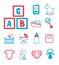 Vector icons set for creating infographics related to babies, children, and childbirth, including cute rocking horse, diaper, milk