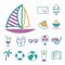 Vector icons set for creating infographics related to summer, travel and vacation, like sailing boat, bikini, postcard