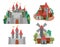 Vector icons set with Medieval castles and villages. Magic kingdom collection. Big medieval stone palace with towers, flags, gates