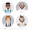 Vector icons set multiracial male call center avatars in a cartoon style with a headset, conceptual of communication