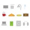 Vector icons set for daily routine, food, work equipment, personal hygiene, music, colored