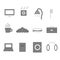 Vector icons set for daily routine, food, work equipment, personal hygiene, music, grey