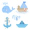 Vector icons of ship, anchor, whale, boat with the inscription Ahoy. Illustration on the sea theme for a boy sailor. Invitation ca