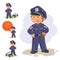 Vector icons of small child policeman and his machine on a string.