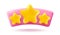 Vector icons of three yellow stars on pink banner. Achievements for games or customer rating feedback of website
