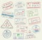 Vector icons of world travel city passport stamps