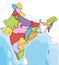 Vector illustrated blank map of India with states and territories and administrative divisions, and neighbouring countries.