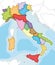 Vector illustrated blank map of Italy with regions and administrative divisions, and neighbouring countries and territories.