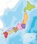 Vector illustrated blank map of Japan with regions and administrative divisions, and neighbouring countries