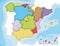 Vector illustrated blank map of Spain with regions and territories and administrative divisions, and neighbouring countries.