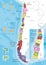 Vector illustrated map of Chile with regions and territories and administrative divisions, and neighbouring countries.