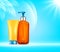 Vector illustratin. 3d bottles with sun protection cosmetic pro