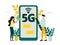 Vector illustration of 5G internet. A man with a pen, a woman with an envelope with wings are standing near a smartphone with a