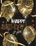 Vector illustration with abstract gold air balloons with stars and Happy Birthday wishes