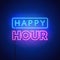 Vector illustration abstract happy hour neon signboard on dark background